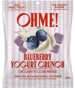 One 16g snack-size bag of OHME Blueberry Yogurt Crunch