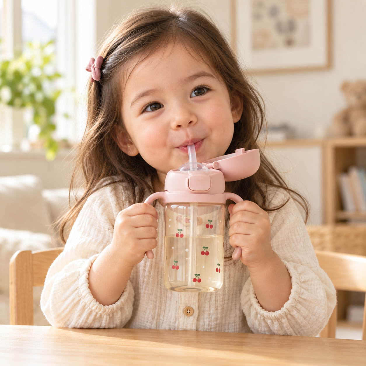 AI-created lifestyle image of a little girl drinking from a cherry-pattern straw cup